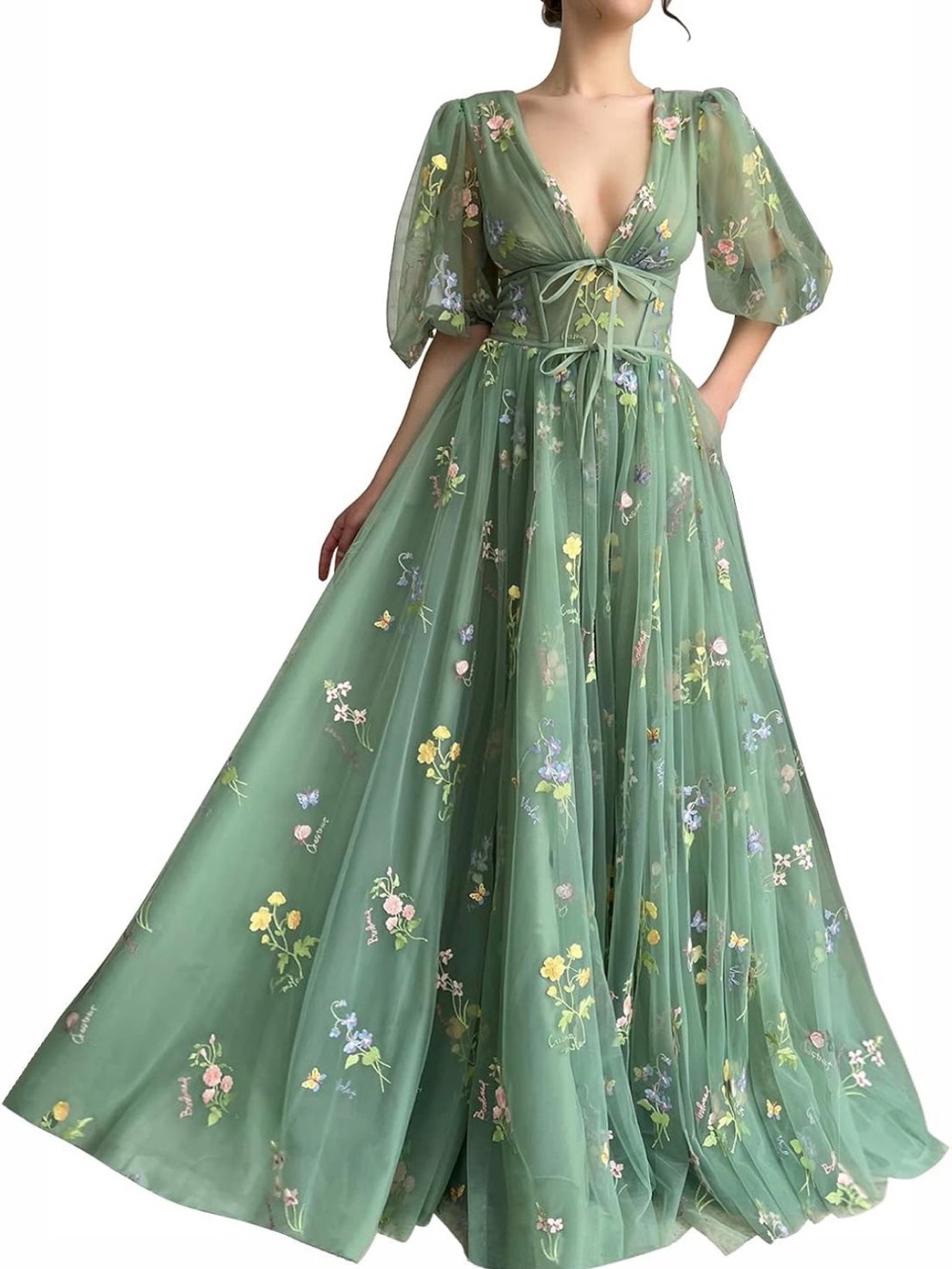 Green Floral V-Neck Maxi Dress